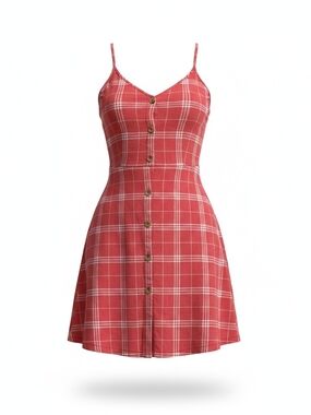 Red Plaid Button-Front Spaghetti Strap Dress Size 4